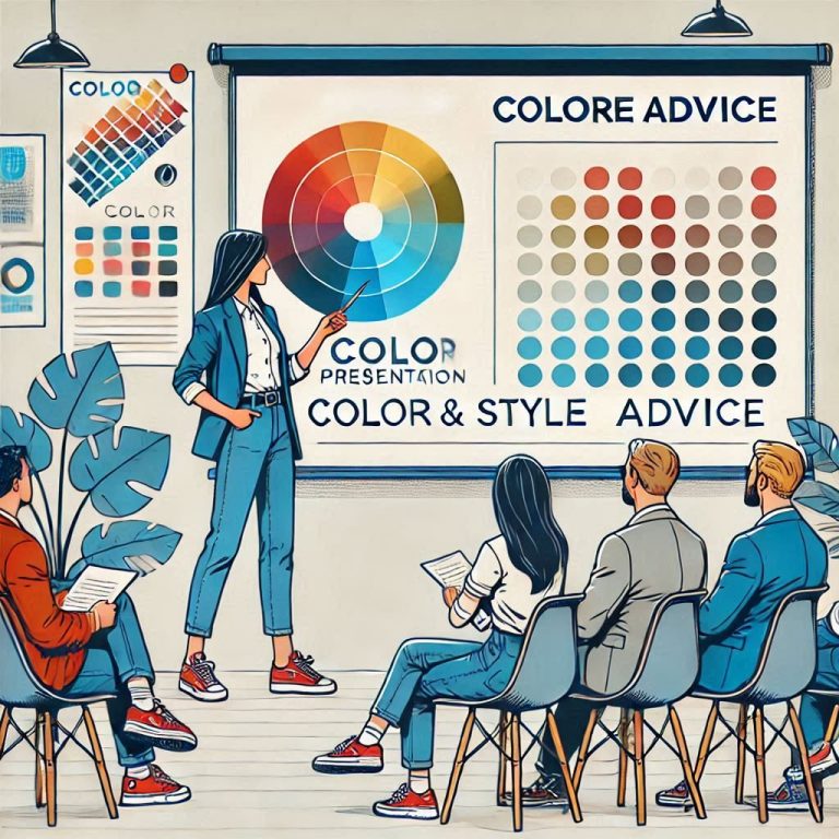 Frau präsentiert Farb- und Stilberatung vor Publikum in einem modernen Konferenzraum.