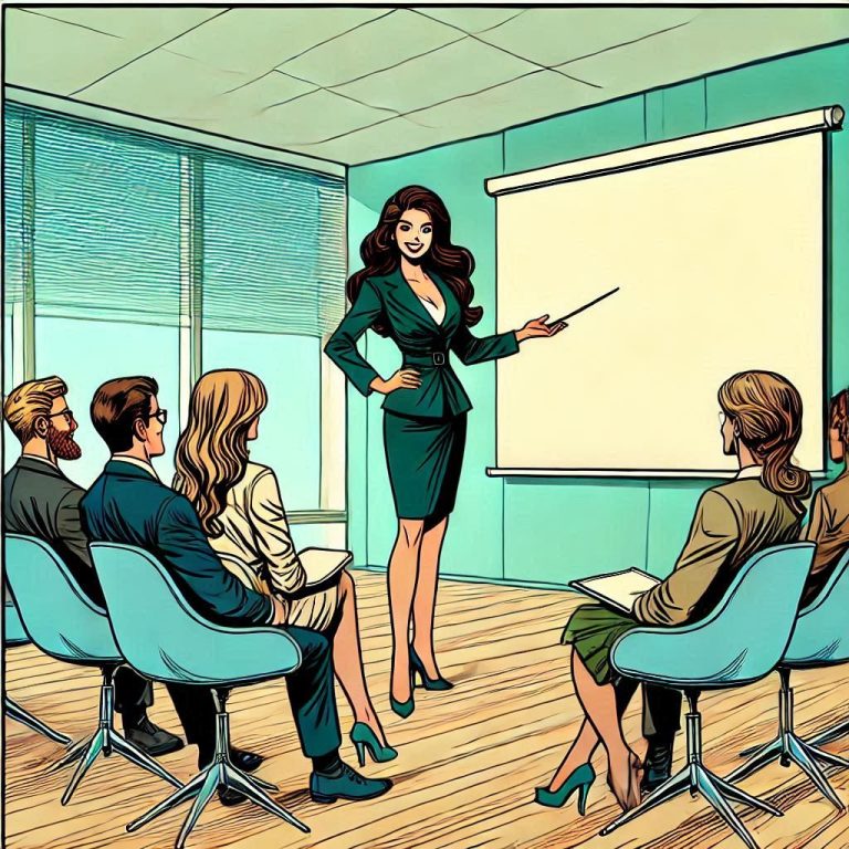 Strahlkraft Workshops und Vorträge Eine Frau in einem Kostüm präsentiert vor einer Gruppe von Zuhörern in einem Konferenzraum.