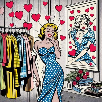 Individuelle Farb- und Stilberatung Frau in gepunktetem Kleid steht vor Spiegel, umgeben von Herzen und Kleidung.