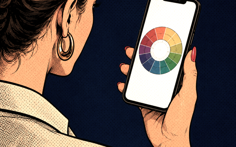 Eine Person hält ein Smartphone mit einer Farbpalette auf dem Bildschirm.