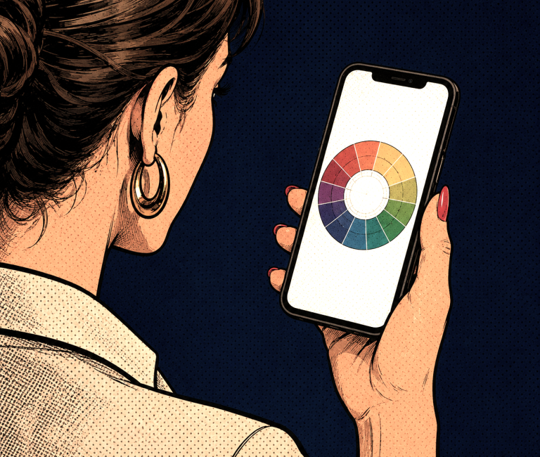 Frau mit Smartphone, das ein Farbschema mit Farbkreis zeigt.