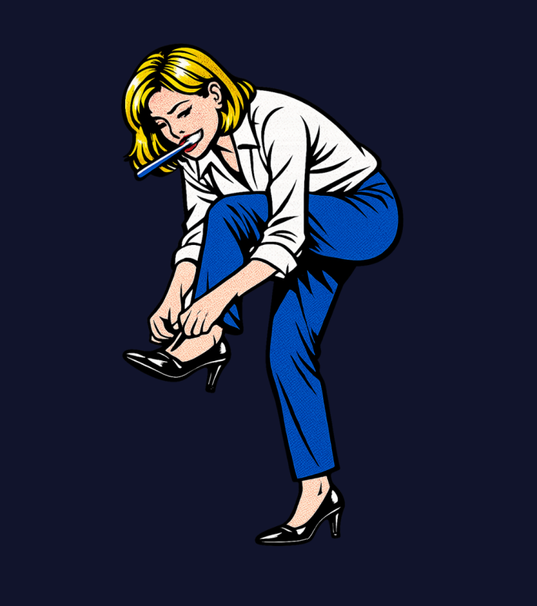 Frau gezeichnet im Stil der 50iger Jahre bindet sich hektisch beim Zähneputzen den Schuh.