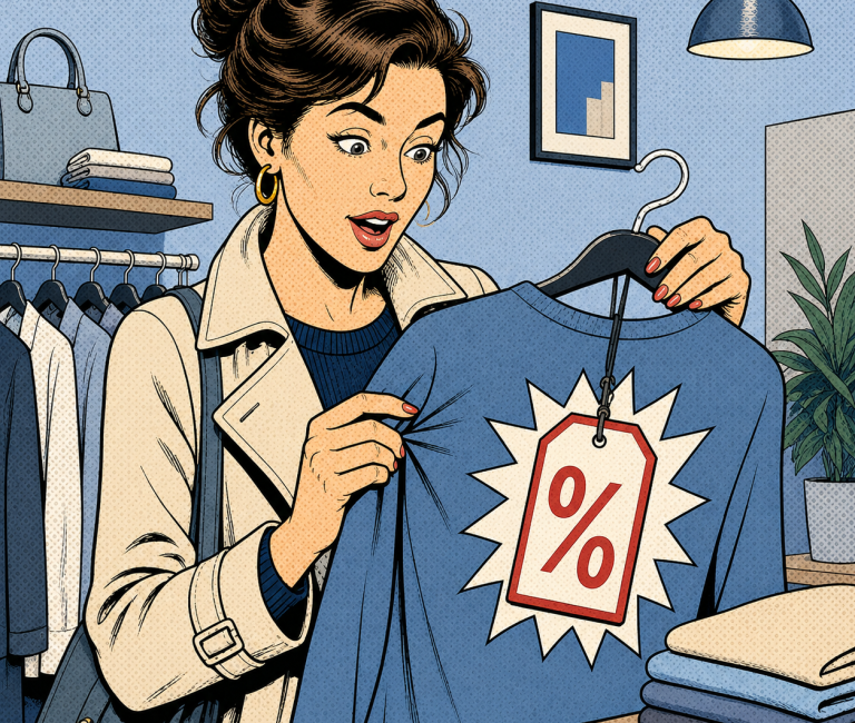 Warum Rabatte Deinem Stil schaden Frau mit reduziertem T-Shirt