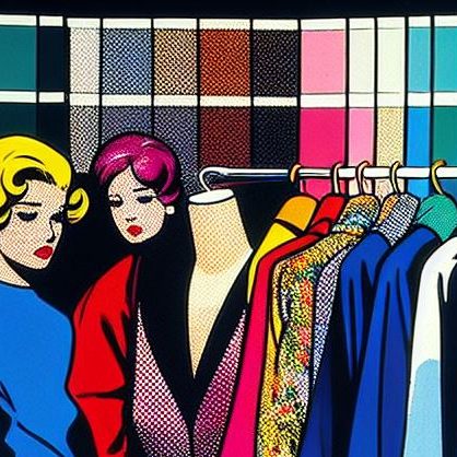 Farb- und Stilberatung Zwei Frauen betrachten Modebekleidung vor einer bunten Farbpalette.
